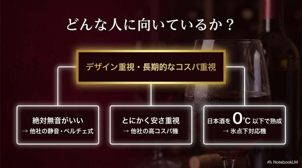 デザインや無音、安さ重視など、目的別に適したワインセラーの選び方を示すフロー