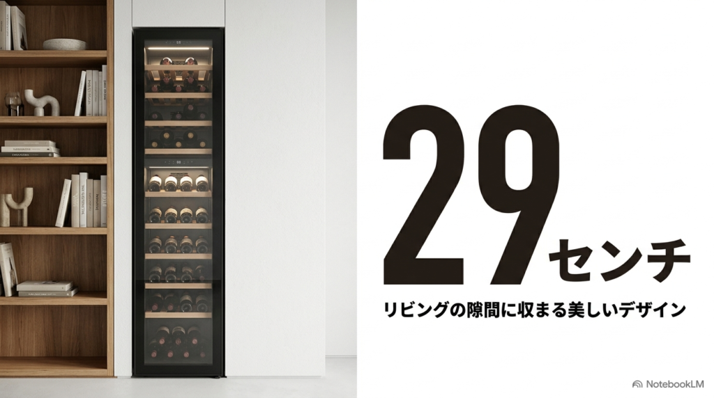 横幅29センチというスリムな設計でリビングの隙間に収まる美しいデバイスタイルのワインセラー