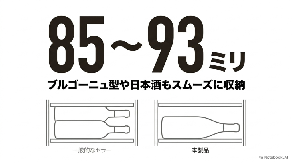 棚ピッチ85から93ミリでブルゴーニュ型ボトルや日本酒もスムーズに収納できるデバイスタイルのワインセラー