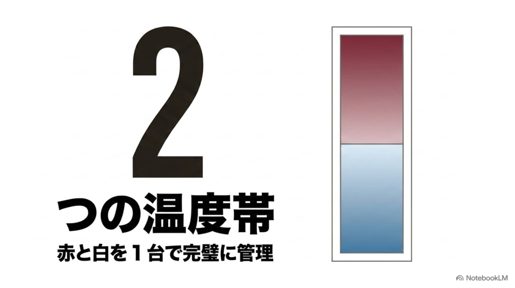 赤ワインと白ワインを異なる2つの温度帯で1台で完璧に管理できるデバイスタイルのワインセラー