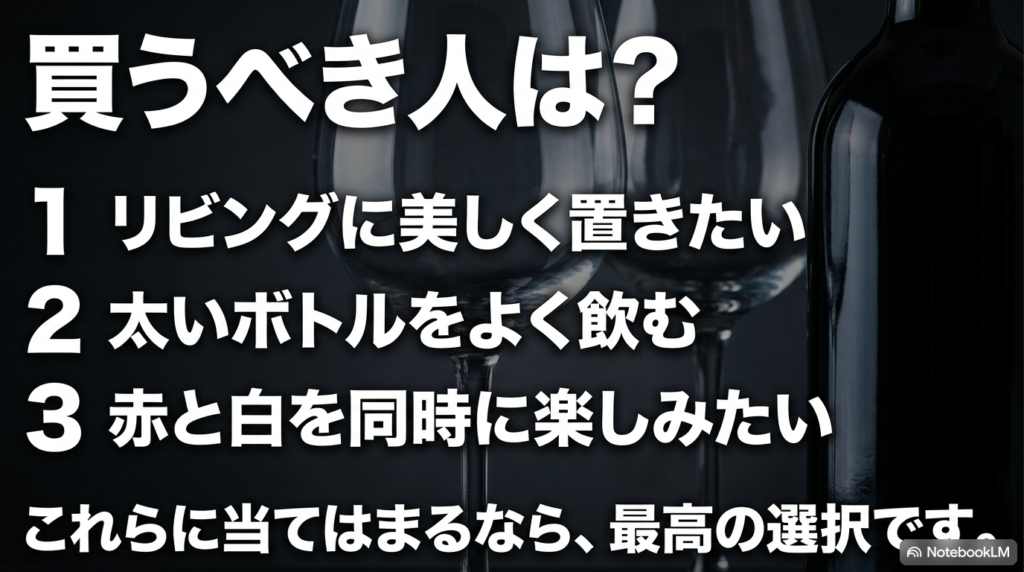 リビングに美しく置きたい、太いボトルをよく飲む、赤と白を同時に楽しみたいといったデバイスタイルのワインセラーを買うべき人の特徴