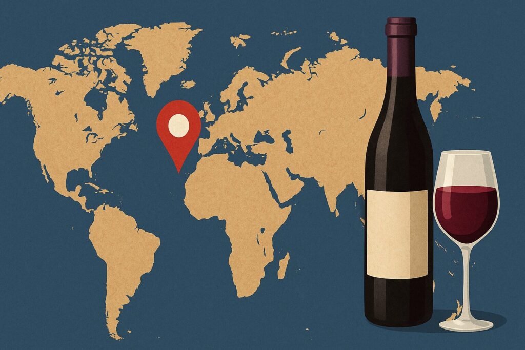 世界地図とワインボトル