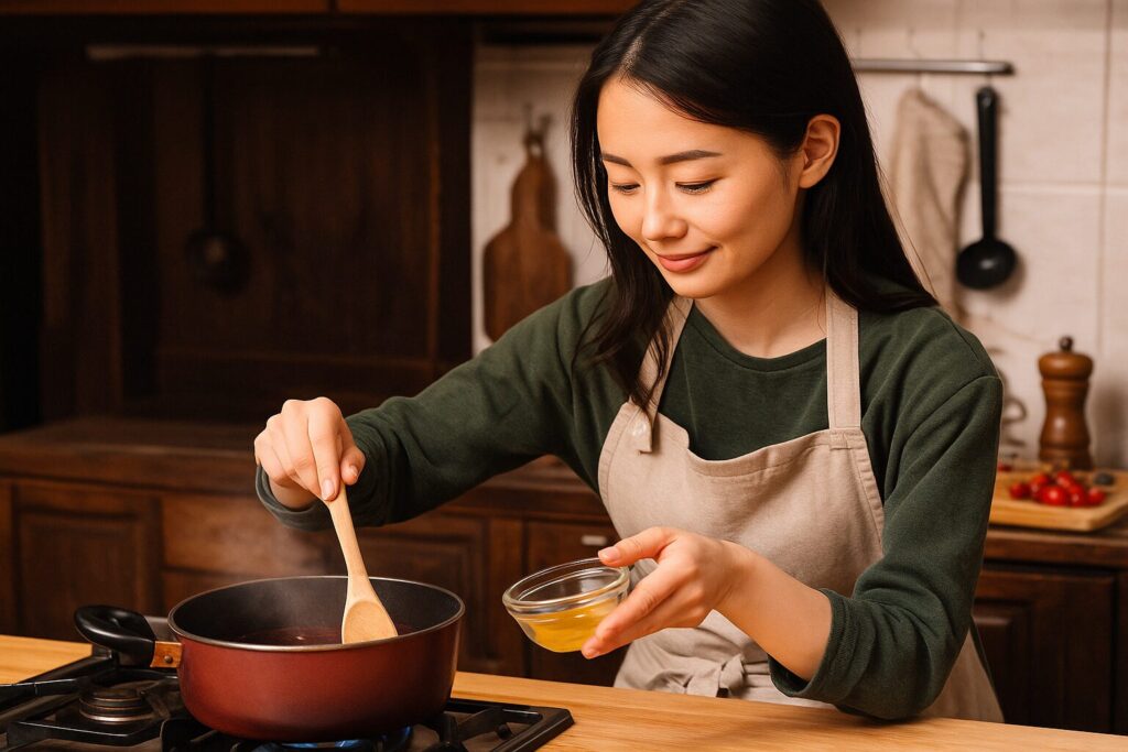 鍋で料理を作る女性