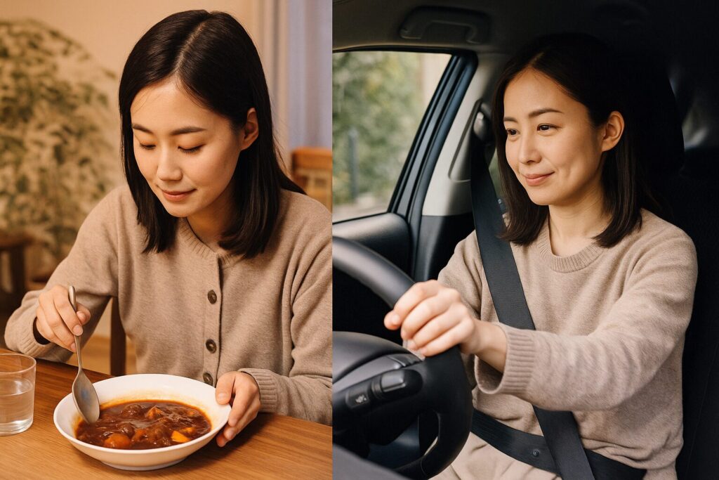シチューを食べる女性と車を運転する女性
