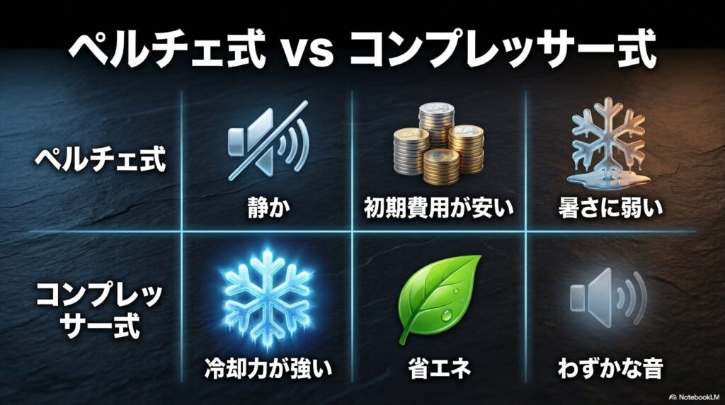 ワインセラーの冷却方式であるペルチェ式とコンプレッサー式の特徴と比較