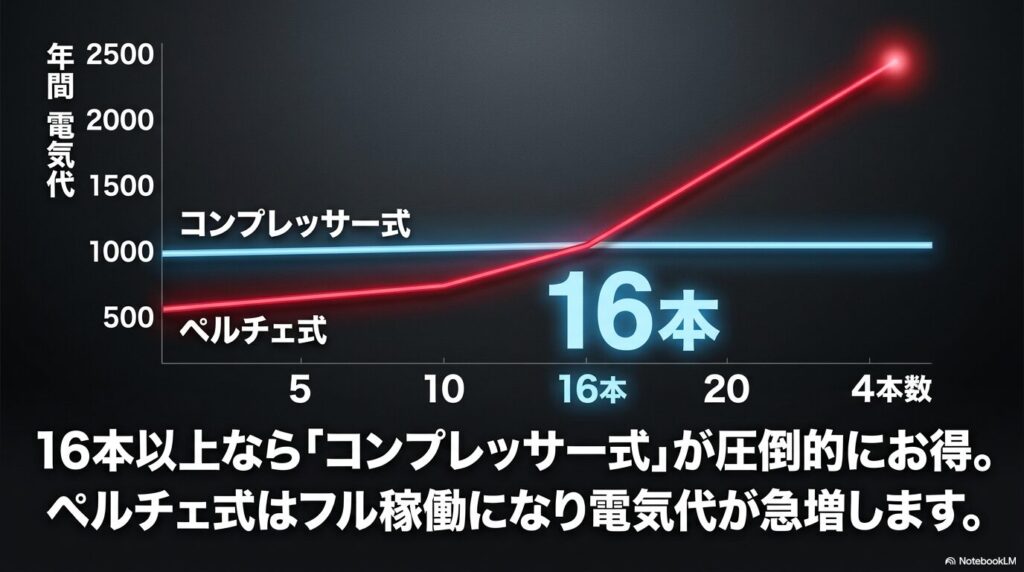 ワインセラーの収納本数が16本を超えると、ペルチェ式よりコンプレッサー式の方が電気代が安くなることを示すグラフ