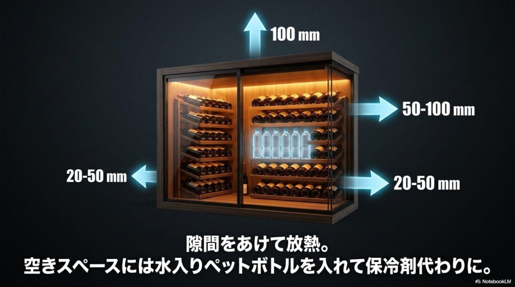 ワインセラーの適切な放熱スペースの寸法と、隙間に水入りペットボトルを入れて保冷する節約テクニック