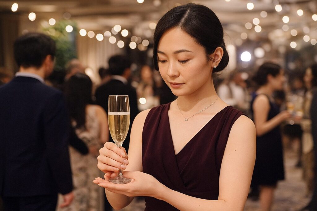 パーティー会場で両手でワイングラスを持つ日本人女性