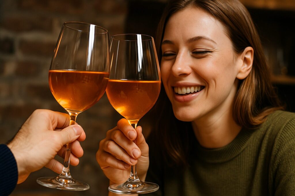 オレンジワインで乾杯する友人たち
