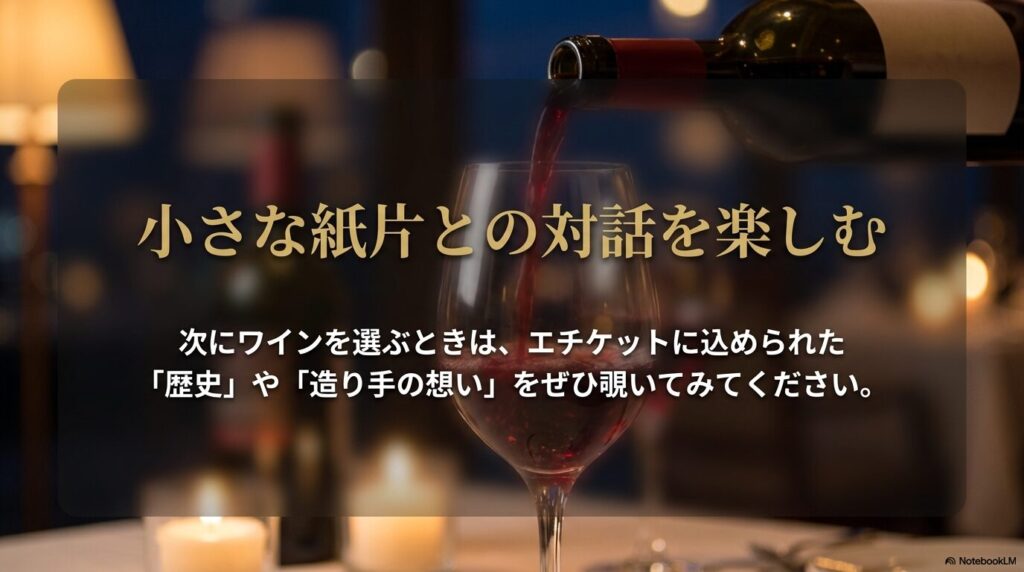 小さな紙片との対話を楽しむ。次にワインを選ぶときはエチケットに込められた歴史や造り手の想いを覗いてみてほしいというメッセージのスライド