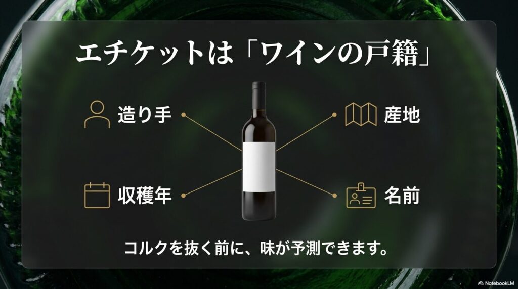 エチケットはワインの戸籍。造り手、産地、収穫年、名前が記載され、コルクを抜く前に味が予測できることをまとめたスライド
