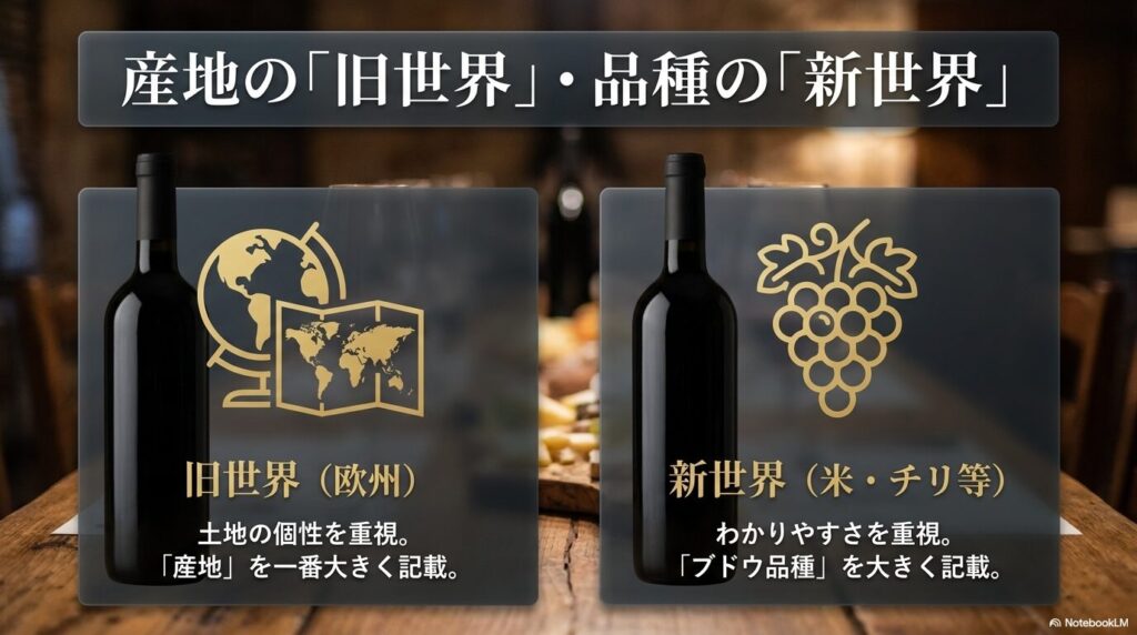 産地の旧世界と品種の新世界の違い。旧世界は土地の個性を重視し産地を大きく記載し、新世界はわかりやすさを重視しブドウ品種を大きく記載することを示すスライド