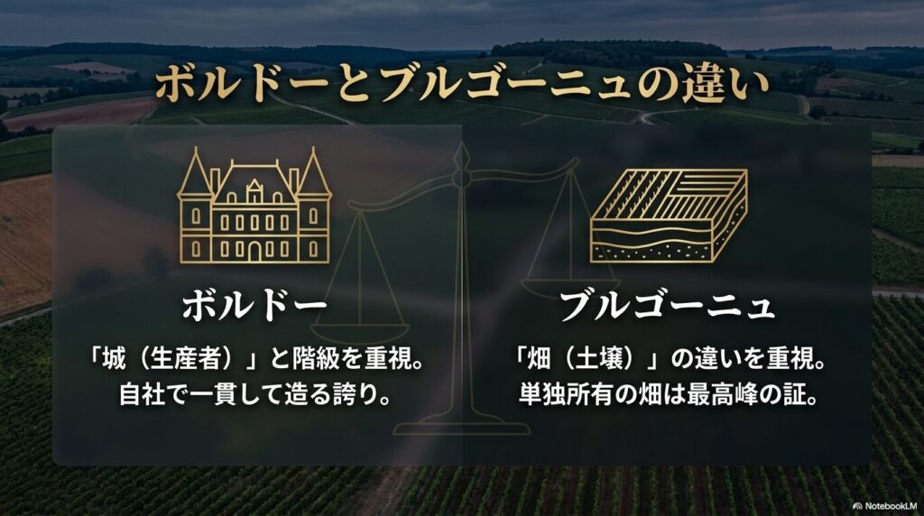 ボルドーとブルゴーニュの違い。ボルドーは城(生産者)と階級を重視し、ブルゴーニュは畑(土壌)の違いを重視することを示すスライド