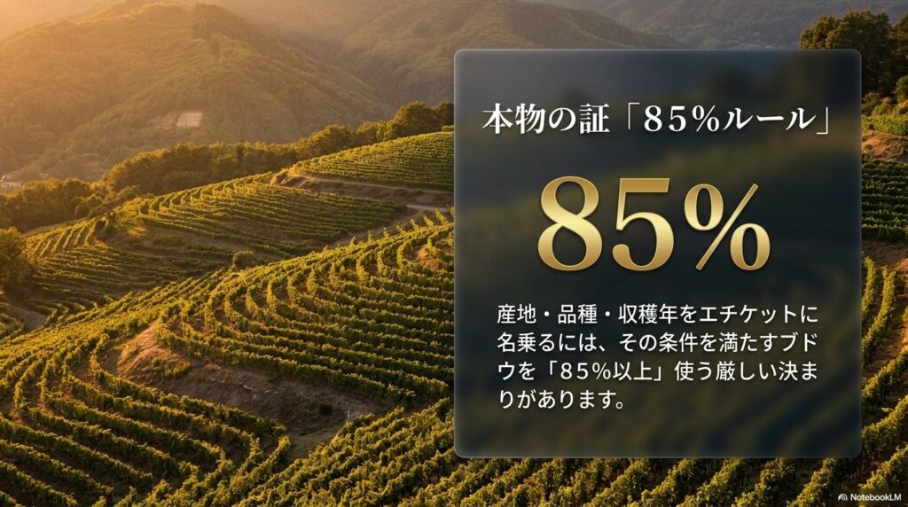 本物の証85%ルール。産地・品種・収穫年をエチケットに名乗るには、その条件を満たすブドウを85%以上使う決まりがあることを解説するスライド