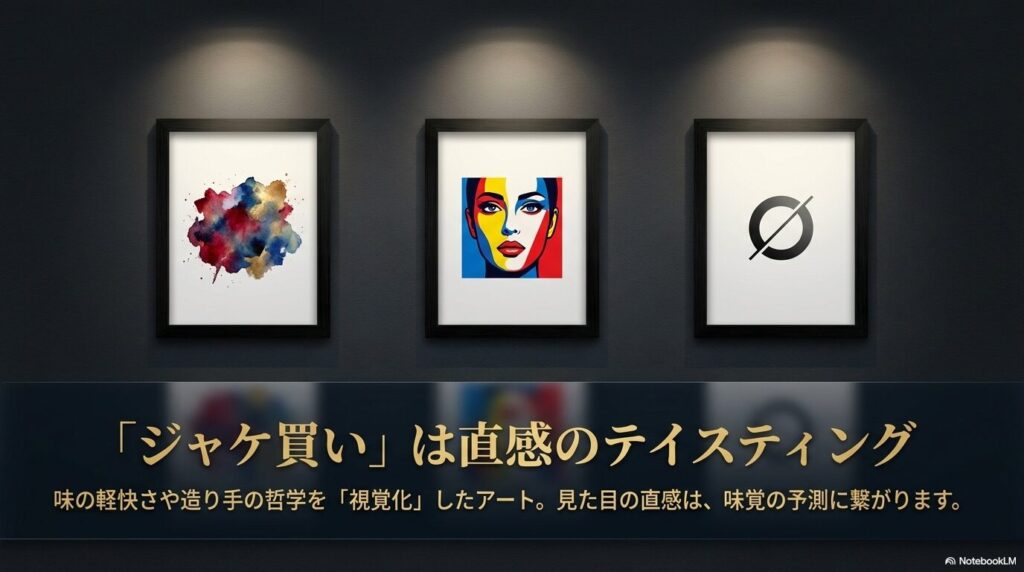 ジャケ買いは直感のテイスティング。味の軽快さや造り手の哲学を視覚化したアートであり、見た目の直感が味覚の予測に繋がることを示すスライド