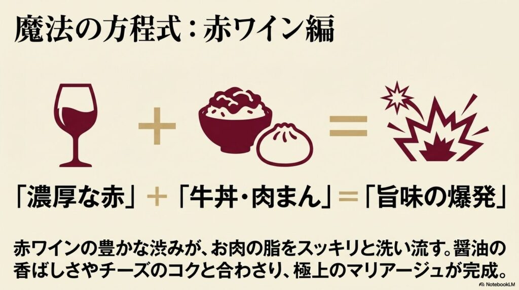 魔法の方程式：赤ワイン編。濃厚な赤ワインと牛丼や肉まんを合わせると旨味が爆発する。赤ワインの渋みがお肉の脂を洗い流し、極上のマリアージュが完成する。