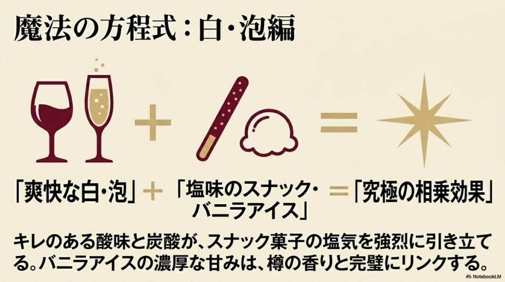 魔法の方程式：白・泡編。爽快な白ワインやスパークリングワインと、塩味のスナックやバニラアイスが織りなす究極の相乗効果。