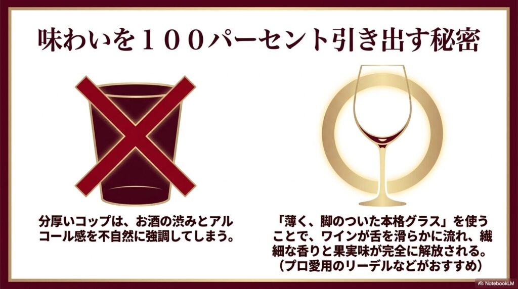 ワインの味わいを100パーセント引き出す秘密。分厚いコップは避け、薄く脚のついた本格的なグラスを使うことでワインの繊細な香りと果実味が完全に解放される。