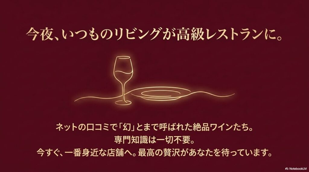 今夜、いつものリビングが高級レストランに。ネットの口コミで幻と呼ばれた絶品ワインを、身近なコンビニで手に入れる最高の贅沢。