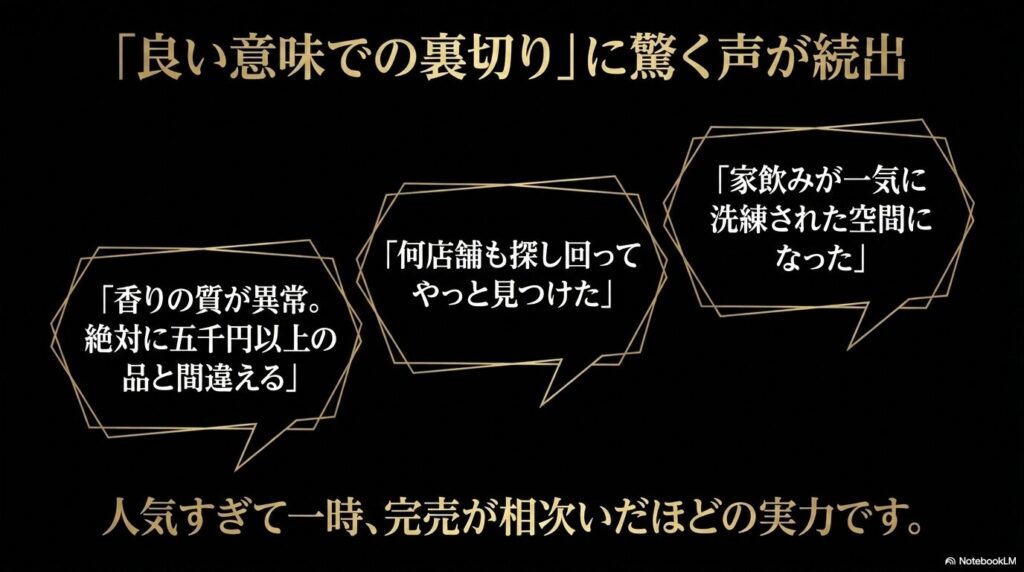 「良い意味での裏切り」に驚く声が続出。「香りの質が異常。絶対に五千円以上の品と間違える」「何店舗も探し回ってやっと見つけた」「家飲みが一気に洗練された空間になった」など、人気すぎて一時完売が相次いだほどの実力です 。