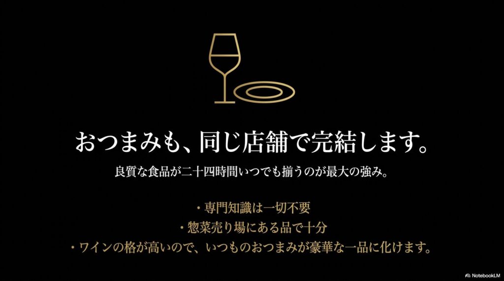 おつまみも、同じ店舗で完結します。良質な食品が二十四時間いつでも揃うのが最大の強み。専門知識は一切不要で惣菜売り場にある品で十分。ワインの格が高いので、いつものおつまみが豪華な一品に化けます 。