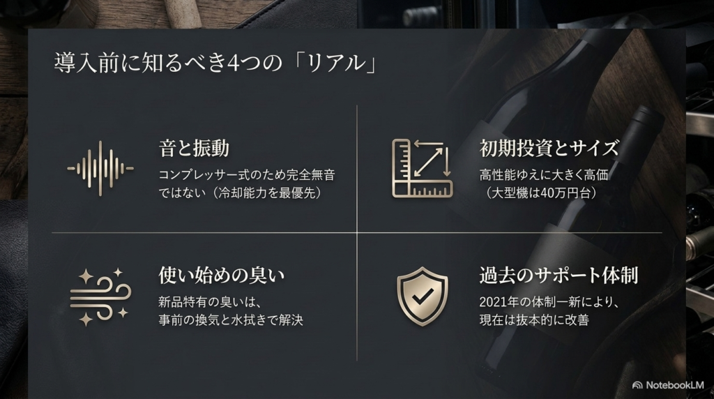 音と振動、初期の臭い、初期投資とサイズ、過去のサポート体制といった導入前に知るべき4つの注意点