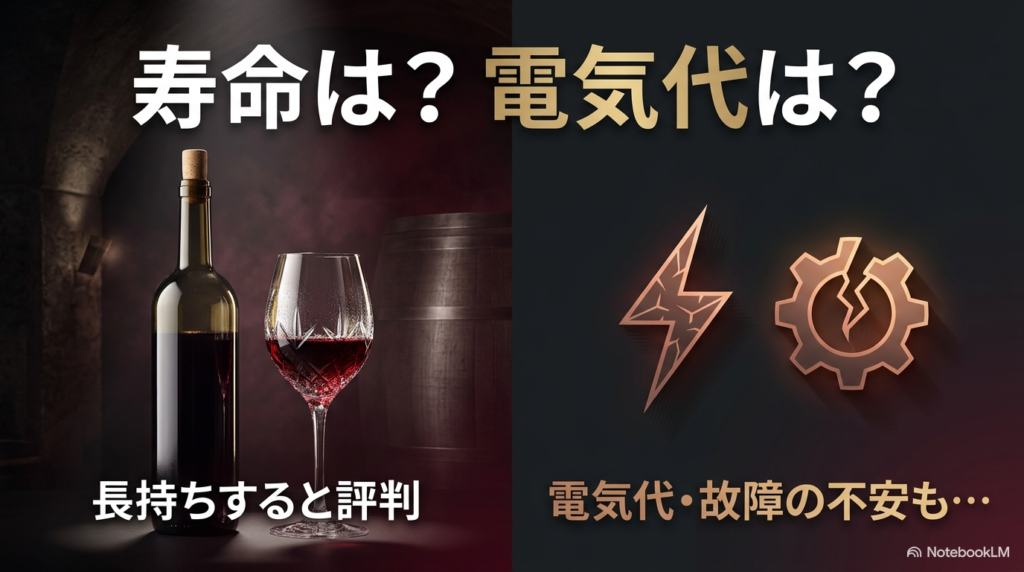 長持ちすると評判な一方で、電気代や故障の不安があることを示すスライド