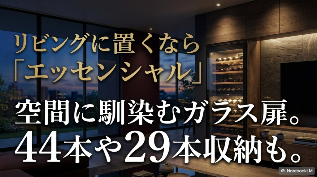 空間に馴染むガラス扉を採用し、44本や29本収納が可能なエッセンシャルシリーズ