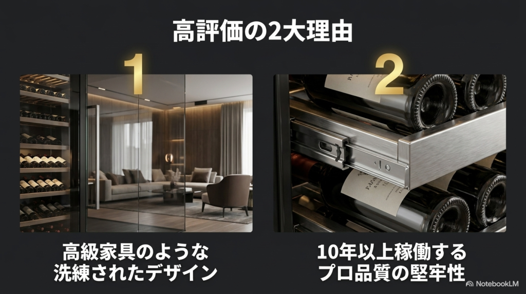 高級家具のような洗練されたデザインと、10年以上稼働するプロ品質の堅牢性という高評価の2大理由