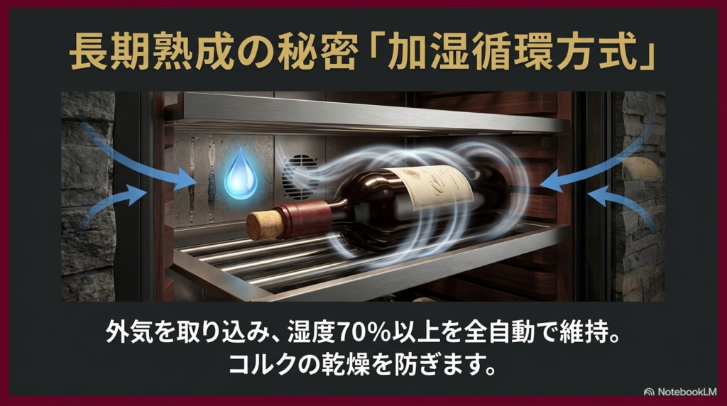 外気を取り込み湿度70%以上を全自動で維持してコルクの乾燥を防ぐ、長期熟成の秘密である加湿循環方式のイメージ