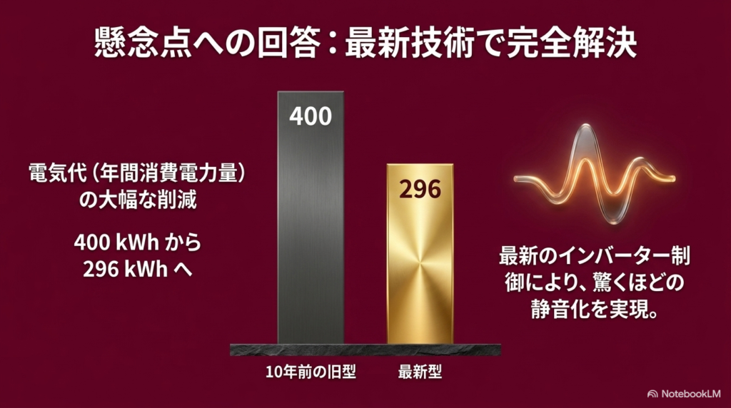 年間消費電力量を400kWhから296kWhへ大幅削減し、最新のインバーター制御により驚くほどの静音化を実現したという懸念点への回答