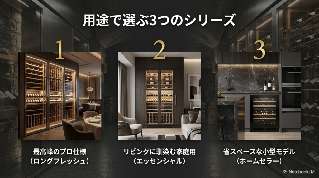 最高峰のプロ仕様であるロングフレッシュ、リビングに馴染む家庭用のエッセンシャル、省スペースな小型モデルのホームセラーという用途で選ぶ3つのシリーズ