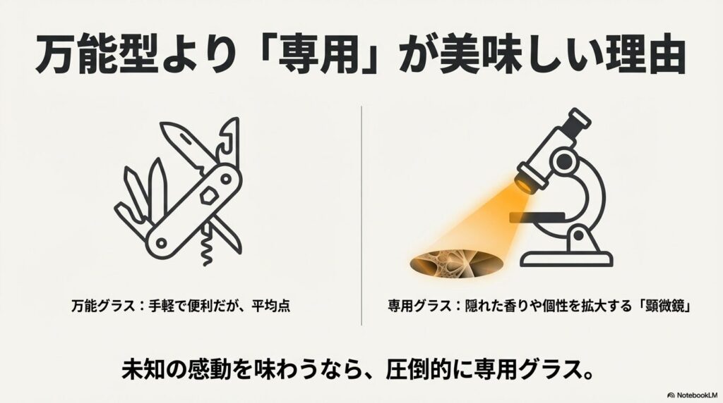 万能グラスは手軽な十徳ナイフ、専用グラスはワインの個性を拡大する顕微鏡