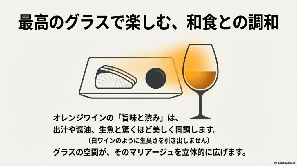 オレンジワインの旨味と渋みは、出汁や醤油、生魚と驚くほど美しく同調します
