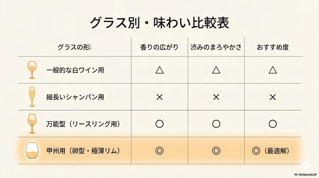 白ワイン用、シャンパン用、万能型、甲州用のグラス別味わいとおすすめ度比較表