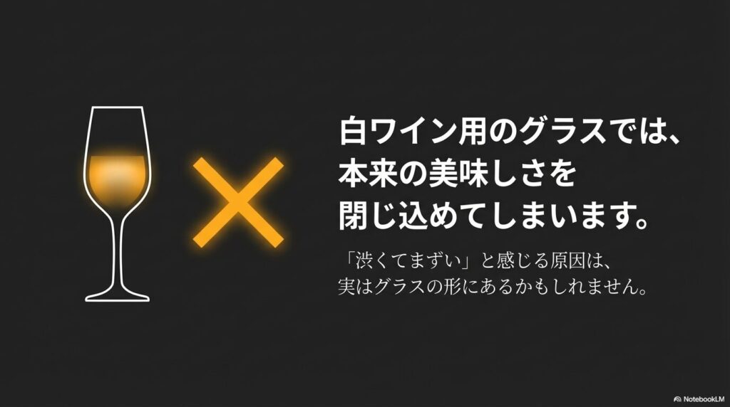 白ワイン用のグラスでは本来の美味しさを閉じ込めてしまいます
