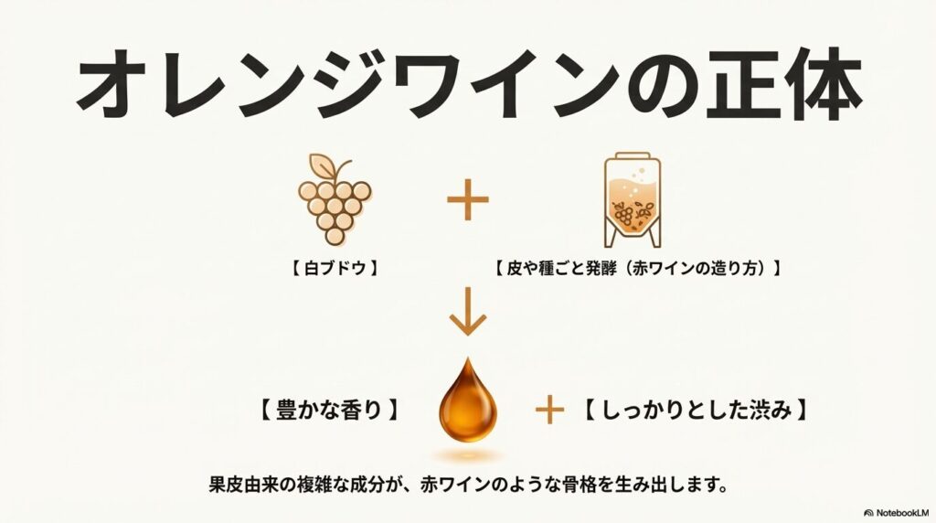 白ブドウを皮や種ごと発酵させることで豊かな香りとしっかりとした渋みが生まれる