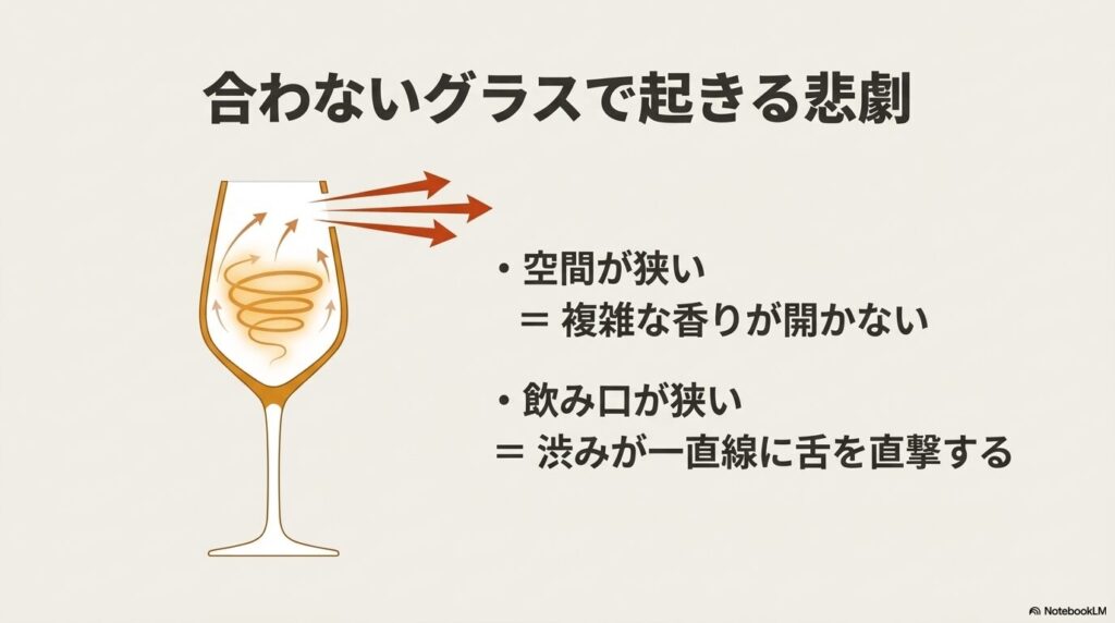 空間が狭いと香りが開かず、飲み口が狭いと渋みが舌を直撃する