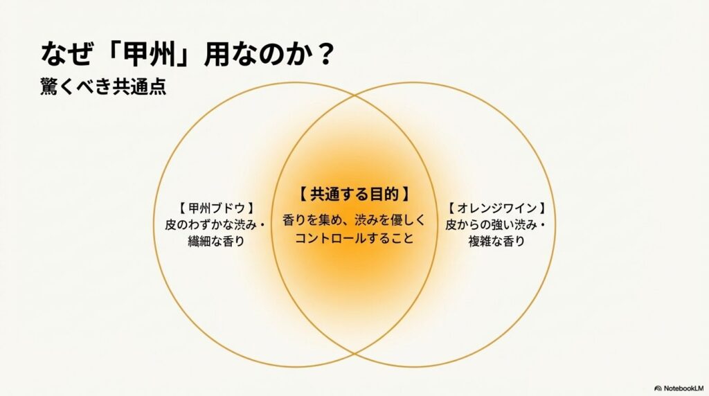 甲州ブドウとオレンジワインに共通する、香りを集め渋みを優しくコントロールする目的