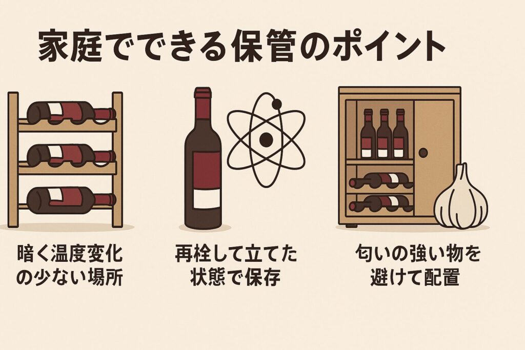 家庭でのワイン保管を示すイラスト。横置きされた未開封ボトル、立てて冷蔵された開封済みボトル、温度と湿度の安定を示す簡易的なアイコンが描かれている