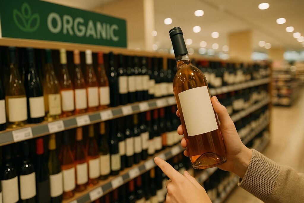 大手スーパーの有機コーナーで一本のボトルを手に取り棚札を指差しながら比較検討する様子が写る16対9の写真