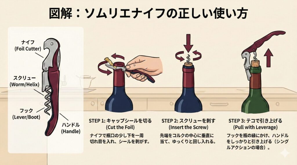 プロが教えるソムリエナイフの正しい使い方の図解