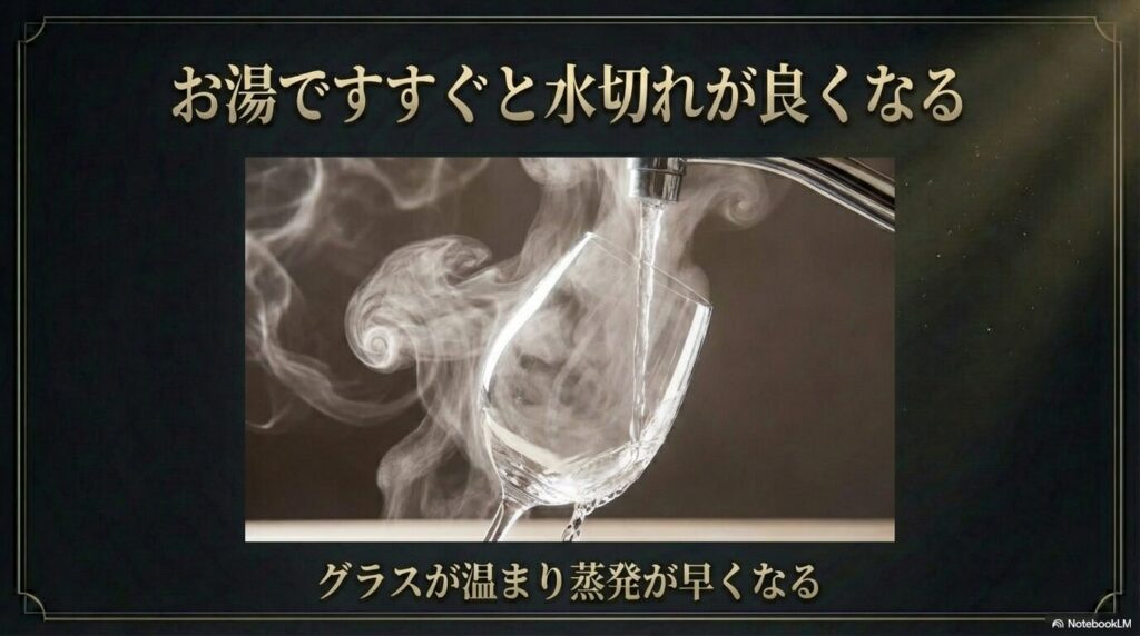 お湯ですすぐとグラスが温まり水分蒸発が早くなるため水切れが良くなる