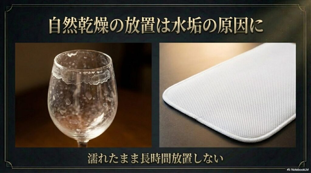 ワイングラスを濡れたまま長時間放置する自然乾燥は水垢の大きな原因