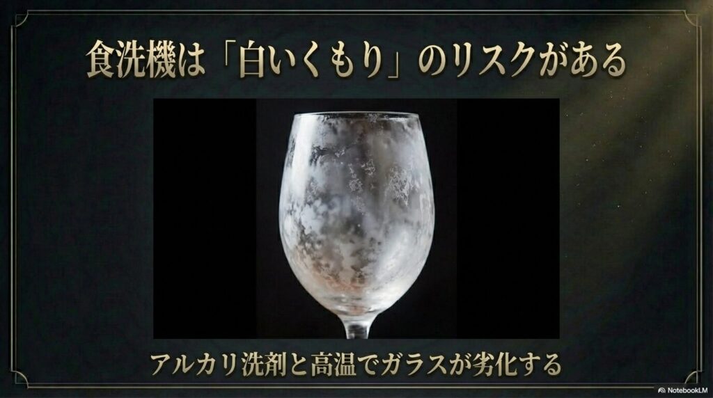 食洗機のアルカリ洗剤と高温でワイングラスが白くくもり劣化するリスク