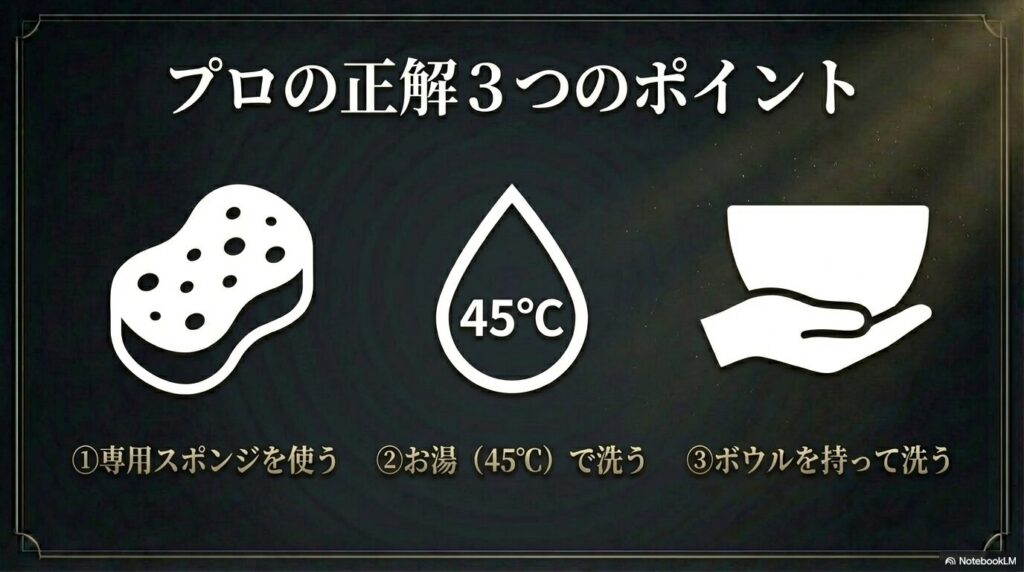 ワイングラスを洗うプロの正解3つのポイント(専用スポンジ、45度のお湯、ボウルを持つ)