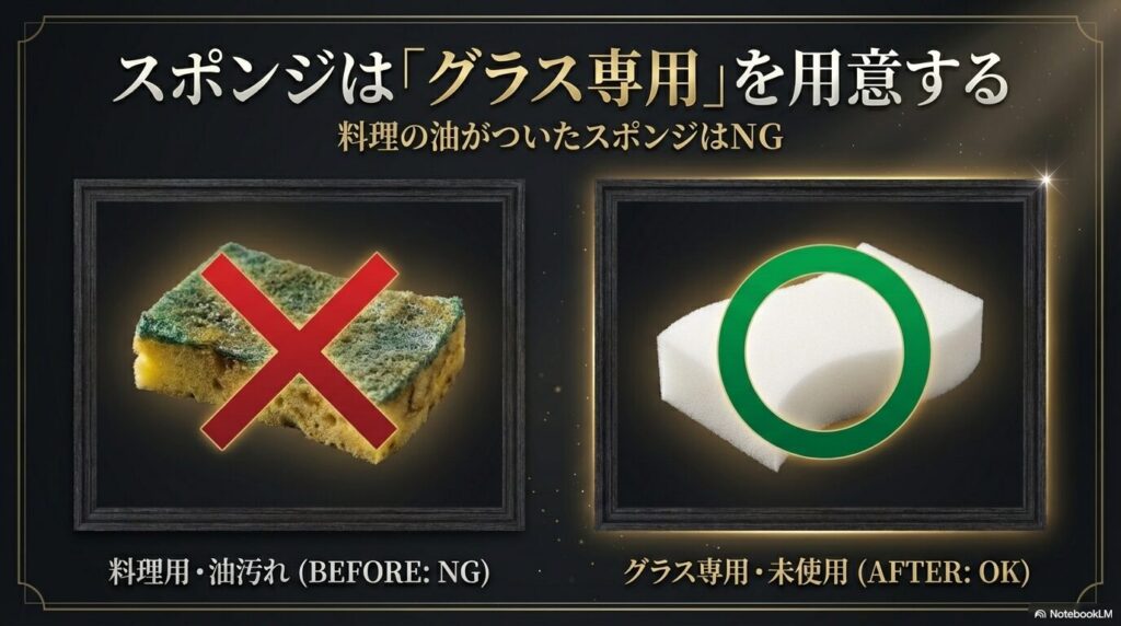 料理の油がついたスポンジはNG、ワイングラス専用スポンジを用意する