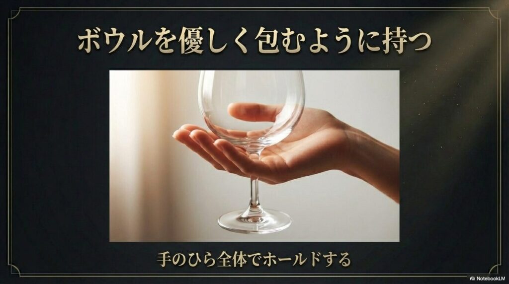 手のひら全体でワイングラスのボウルを優しく包むように持つ正しい方法