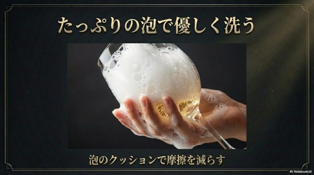 たっぷりの洗剤の泡のクッションで摩擦を減らして優しく洗う