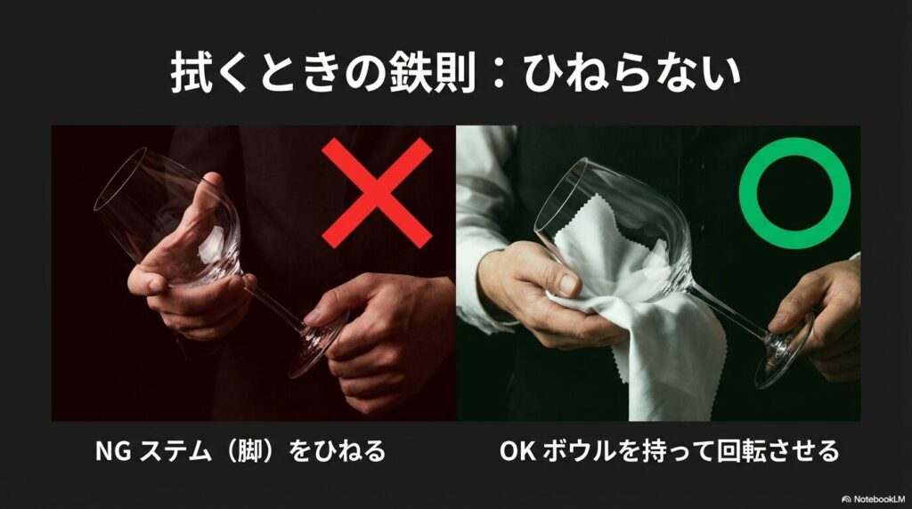 ワイングラスを拭くときの鉄則はステムをひねらずボウルを持って回転させること
